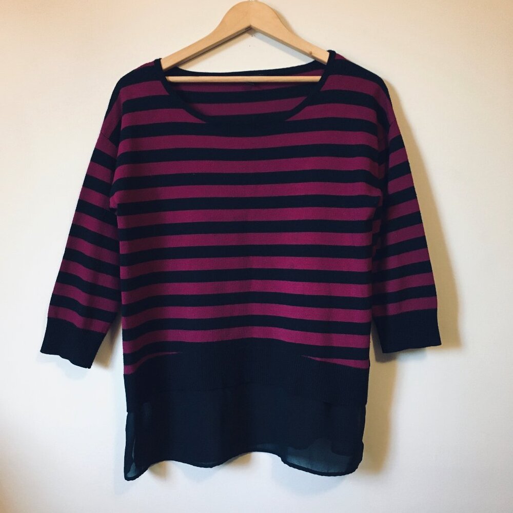 Cable & Gauge Bilayer Knit Malbec & Black Striped Rayon Blend Top Small